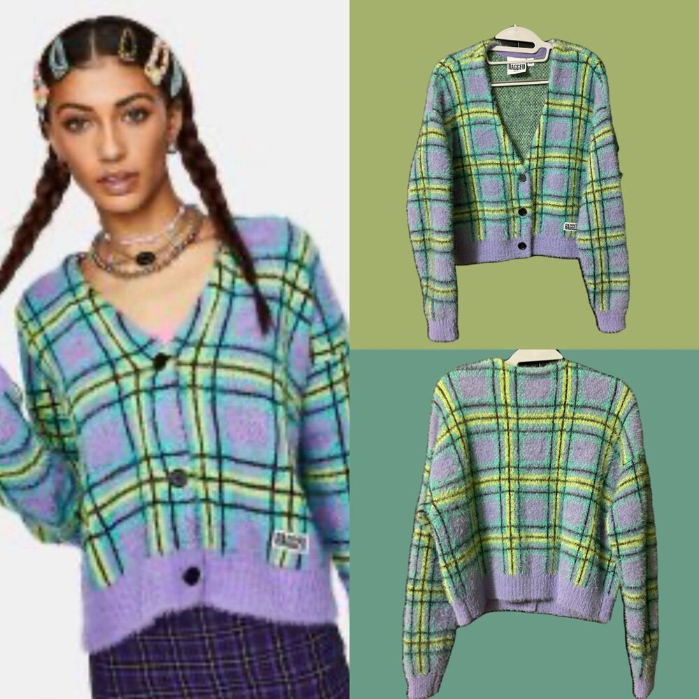 RAGGED plaid knit button front cardigan sweater XS